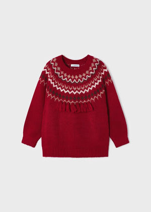 Maglione maglia jacquard dettaglio frange bambina Mayoral rosso - ErreGiModaBimbo