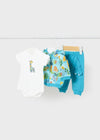 Tuta 3 pezzi fresco cotone neonato Mayoral Newborn azzurro "Safari"